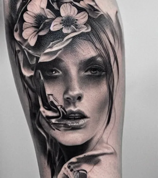 Image similar to a beautiful tattoo design, in the style of den yakovlev, hyper realistic, black and white, realism, highly detailed