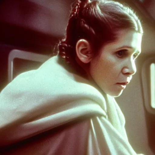 Image similar to film still of carrie fisher as a kid in new star wars movie, dramatic lighting, highly detailed face, kodak film, wide angle shot,