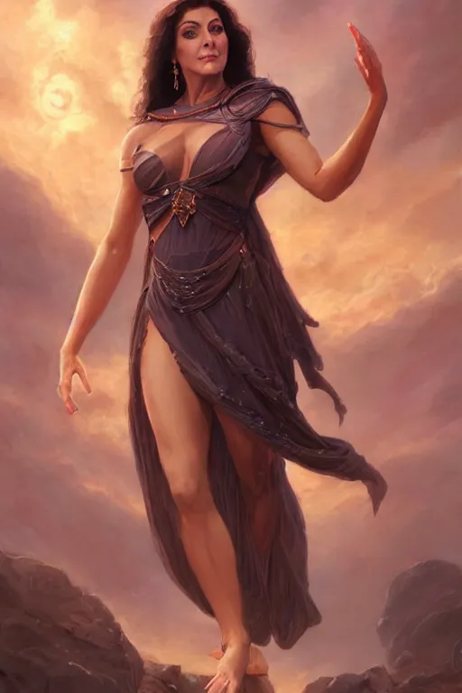 Prompt: Young Marina Sirtis as a Goddess, Highly Detailed anatomy, only two hands, highly detailed, digital painting, artstation, concept art, smooth, sharp focus, illustration, Unreal Engine 5, 8K, art by art by artgerm and greg rutkowski and edgar maxence