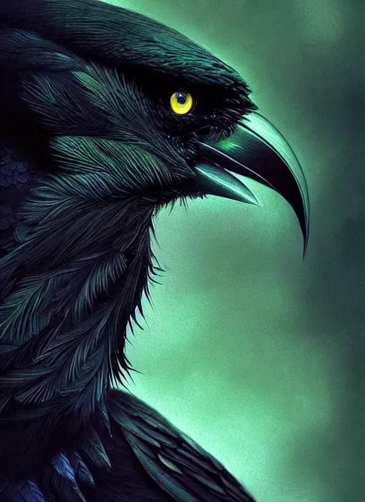 Image similar to side portrait dark crow (animal), close-up, fantasy forest landscape, moonshine, fantasy magic, nice black feather, proud, green dark light night, intricate, elegant, sharp focus, illustration, highly detailed, digital painting, concept art, matte, art by WLOP and Artgerm and Greg Rutkowski and Eddie Mendoza, masterpiece