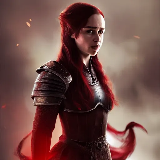 Prompt: emilia clarke, as a medieval fantasy character, with dark red hair, wearing light armor and red clothing, holding a longsword, determined expression, noble, cinematic, dark, realistic, digital art, 8 k