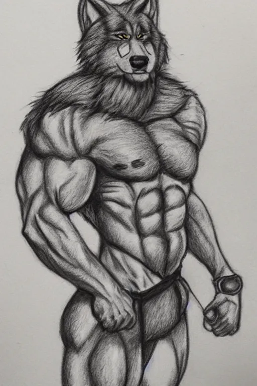 Image similar to master furry artist colored pencil drawing full body portrait character study of the anthro male anthropomorphic wolf fursona animal person bodybuilder at gym