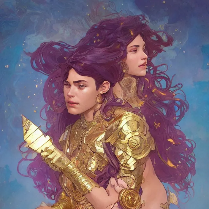 Image similar to gatot kaca as super heroes, closed up portrait,, highly detailed, gold filigree, romantic storybook fantasy, soft cinematic lighting, award, disney concept art watercolor illustration by mandy jurgens and alphonse mucha and alena aenami, pastel color palette, featured on artstation