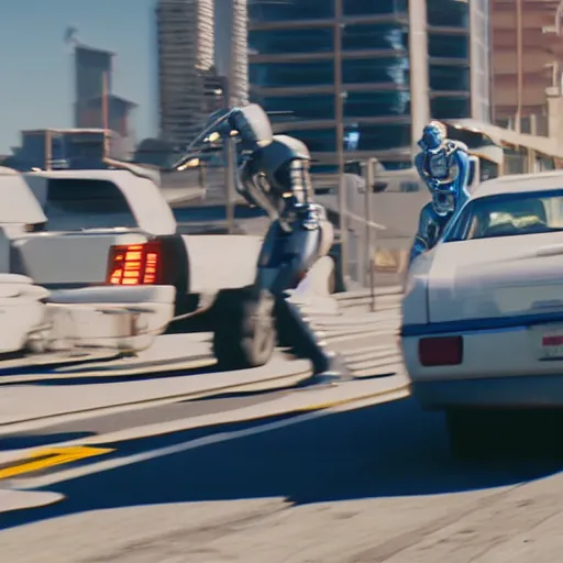 Prompt: film still of 'Los Angeles Robot Future' (2045). Car chase scene. Sigma 85mm f/8