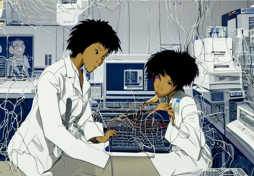 Prompt: dark skin woman wearing a white lab coat, dark blue wolf haircut to shoulder, body connected to wires and connected to 1 9 8 0 s computers, painted by yoshitoshi abe and makoto shinkai, in the style of serial experiments lain, dynamic lighting, dark ambience, 3 5 mm