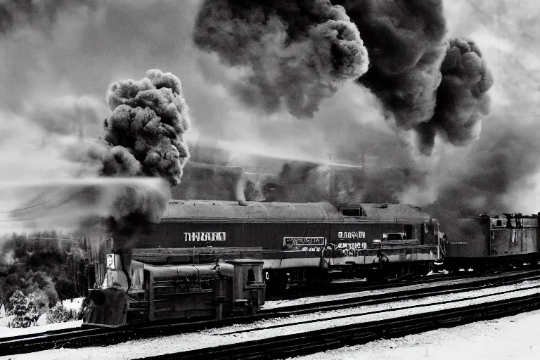 Image similar to black and white photograph of snowpiercer thundering down the rails at high speed, black smoke coming from the locomotive, cinematic, volumetric light, f 6 aperture, cinematic eastman 5 3 8 4 film