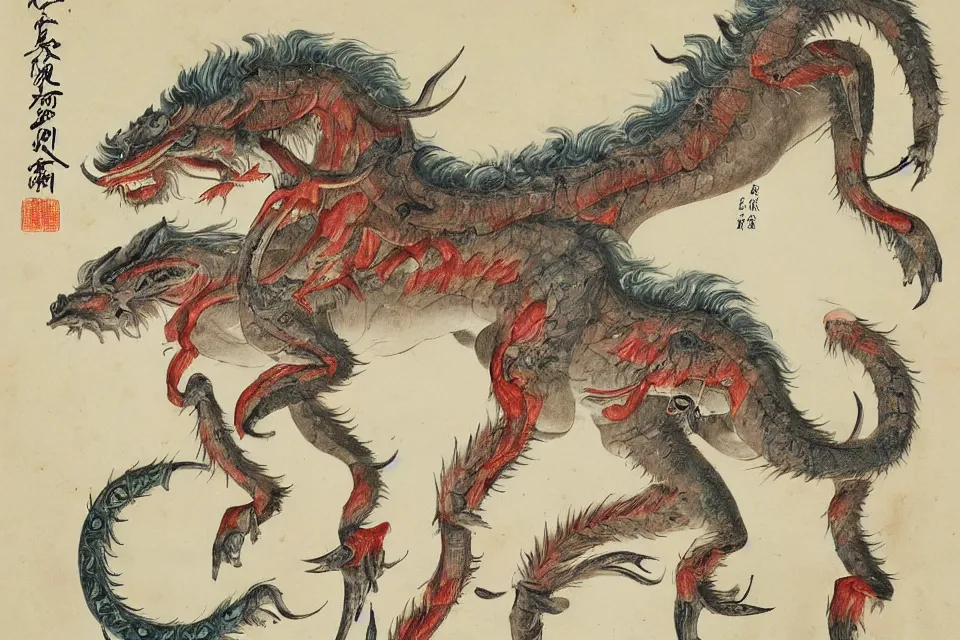 Image similar to Vintage, detailed, colored sketch of mythical creature anatomy, full body, with full descriptions, Chinese painting.