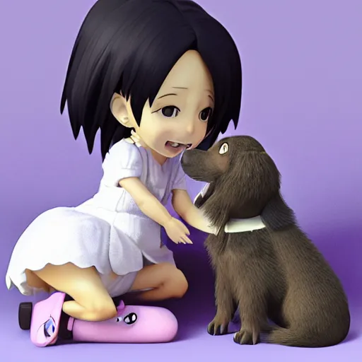 Image similar to Manga cover portrait of an extremely cute and adorable beautiful elated girl petting her new puppy, 3d render diorama by Hayao Miyazaki, official Studio Ghibli still, color graflex macro photograph, Pixiv, DAZ Studio 3D