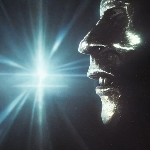 Prompt: dark and moody high - budget imax film, a giant massive ominous awe - inspiring scary space metallic head with a giant dark open mouth, floating in deep space, volumetric lighting, light rays, by denny vileneuve and christopher nolan and ridley scott