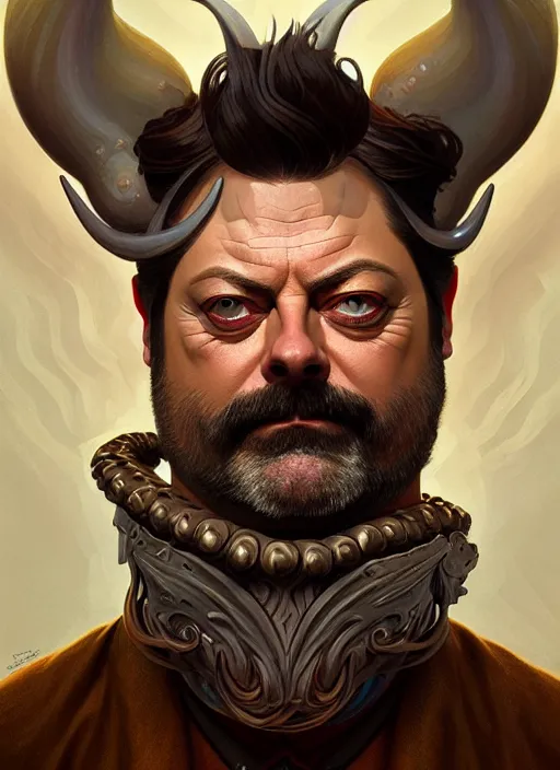 Image similar to portrait of nick offerman as a squid man, d & d, muscular, fantasy, intricate, elegant, highly detailed, digital painting, artstation, concept art, smooth, sharp focus, illustration, art by artgerm and greg rutkowski and alphonse mucha