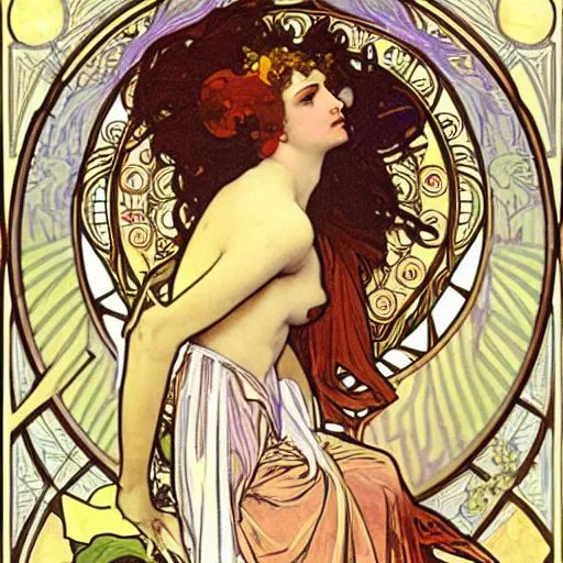 Image similar to persephone as godess of death, painted by alphonse mucha