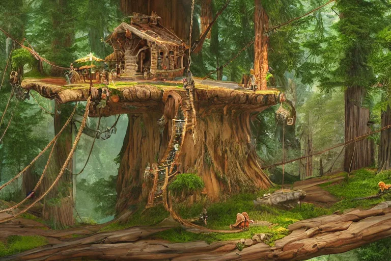 Image similar to various treehouses mounted on giant redwood tree trunks, interconnected by rope bridges, fantasy setting, dense vegetation, very detailed, d & d concept art, 4 k