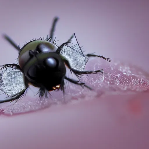 Prompt: a macro photograph of a fly sticking it's tongue out