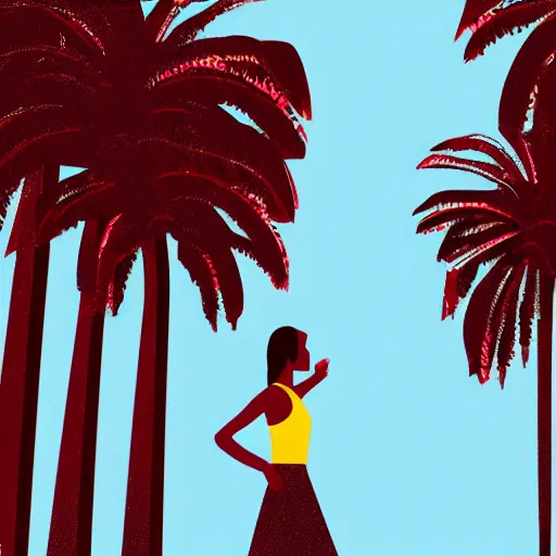 Prompt: woman walking with backdrop showing the sky, palm trees. in minimal colourful geometric illustration style digital painting