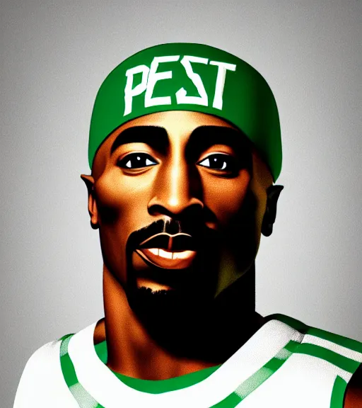 Image similar to portrait of tupac shakur, boston celtics jersey number 3 4, green, white, cartoon digital art, oil on canvas, trending on artstation, octane render