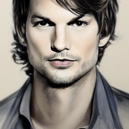 Image similar to matte drawing derogative detailed portrait of ashton kutcher