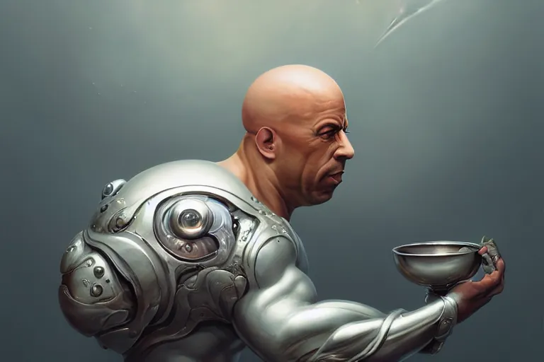 Prompt: silver egg cup, vin diesel head in egg cup, head looks like egg, eggshell cracking, hyper detailed, digital art, artstation, cinematic lighting, studio quality, smooth render, by peter mohrbacher, hajime sorayama, boris vallejo, craig mullins