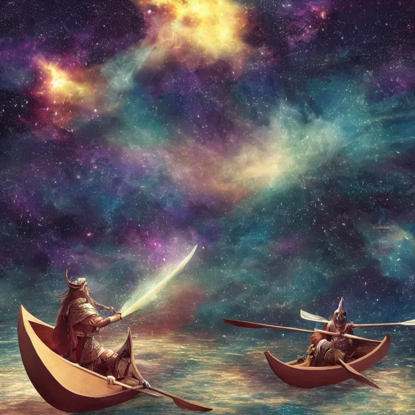 Image similar to a medieval viking longboat rowing through an ocean that is a nebula, several supernovae in the background, stellar explosions spewing streams of gas into space