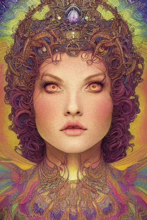 Image similar to portrait of an eleven queen with lace wings by artgerm, mandala, rococo, vivid color, complementary color, golden ratio, detailed, sharp lines, sharp focus, intricate, rainbowshift, by maxfield parrish, by peter mohrbacher, by gustave dore, by alphonse mucha, deviantart, octane render