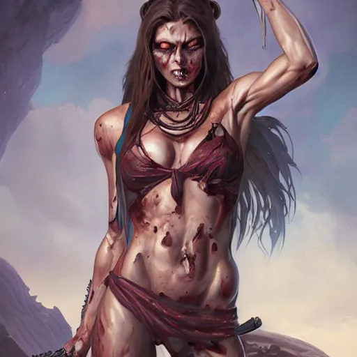 Image similar to muscular female zombie, deep focus, d & d, fantasy, intricate, elegant bikini, highly detailed, digital painting, artstation, concept art, matte, sharp focus, illustration, hearthstone, art by artgerm and greg rutkowski and alphonse mucha