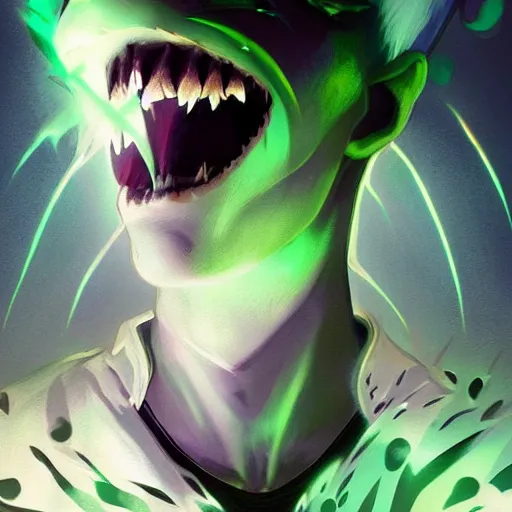 Prompt: Young Danny phantom, ghostly, with glowing green eyes and sharp teeth fangs alt art fashion punk, art by WLOP and Charlie Bowater and WLOP and Mark Arian and Ross Tran + neon colors, symmetry,A digital matte intricate illustration concept art , intricate complexity, epic composition, magical atmosphere, highly detailed, cinematic lighting + masterpiece, trending on artstation + 8k