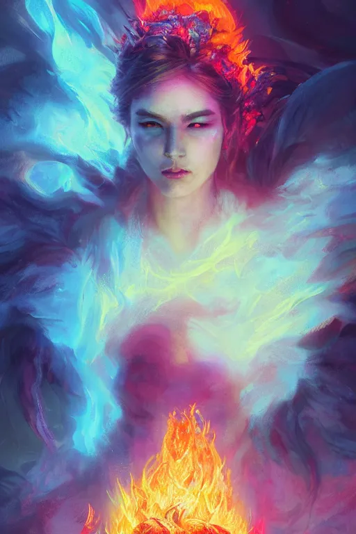 Image similar to a beautiful portrait of a goddess women engulfed in deep colourful flames by Greg Rutkowski, Sung Choi, Mitchell Mohrhauser, Maciej Kuciara, Johnson Ting, Maxim Verehin, Peter Konig, Bloodborne , 8k photorealistic, cinematic lighting, HD, high details, atmospheric , trending on artstation