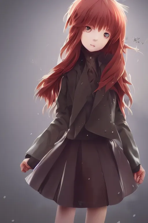 Image similar to Very complcated dynamic composition, realistic anime style at Pixiv, Zbrush sculpt colored, Octane render in Maya and Houdini VFX, young redhead girl in motion, wearing jacket and skirt, silky hair, black stunning deep eyes. By ilya kuvshinov, krenz cushart, Greg Rutkowski, trending on artstation. Amazing textured brush strokes. Cinematic dramatic soft volumetric studio lighting