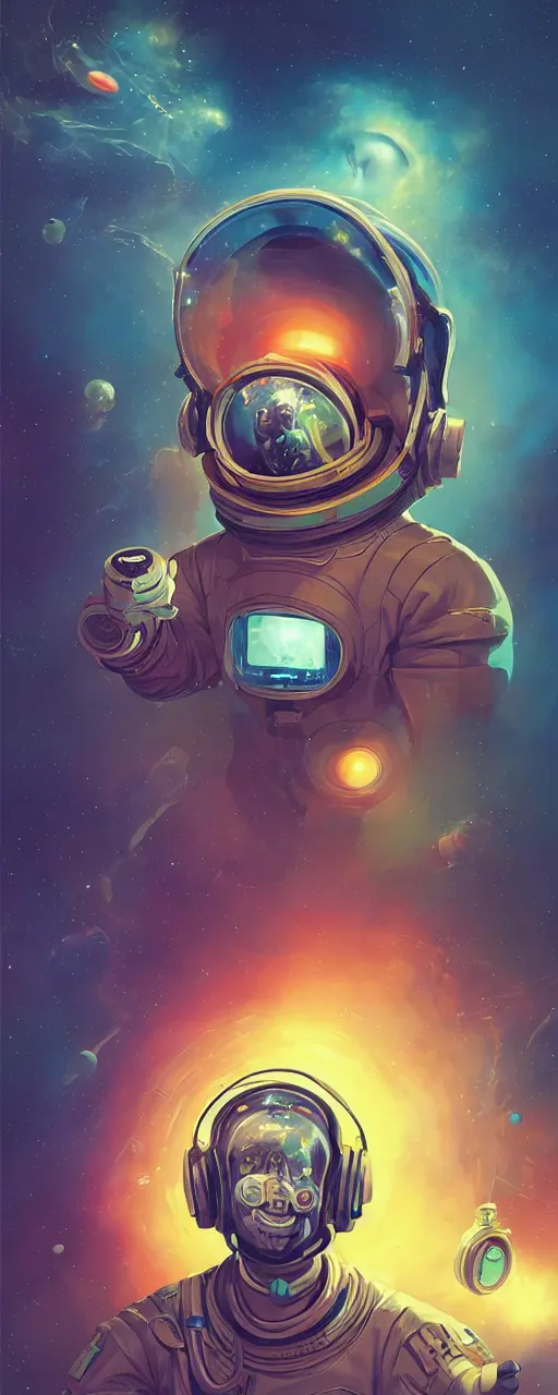 Prompt: a poster design of a cyberpunk astronaut wearing headphones in space, universe, cyberpunk, warm color, Highly detailed labeled, poster, peter mohrbacher, featured on Artstation