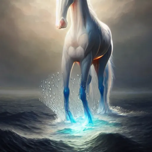 Prompt: a fantastical translucent creature made of water and foam with the shape of a horse, ethereal, hyperalism, scottish folklore, digital painting, artstation, concept art, smooth, 8 k frostbite 3 engine, ultra detailed, art by artgerm and greg rutkowski and magali villeneuve