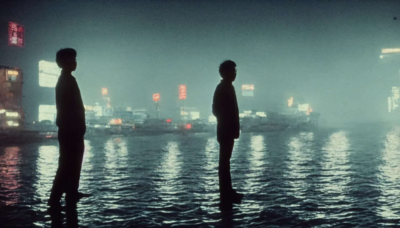 Image similar to 80s asian neon movie still with a portrait of a ghost standing on a pier by the river on early morning with bright city lights behind his back, many birds in the sky, medium format color photography, movie directed by Kar-Wai Wong, hyperrealistic, photorealistic, high definition, highly detailed, tehnicolor, anamorphic 50mm lens