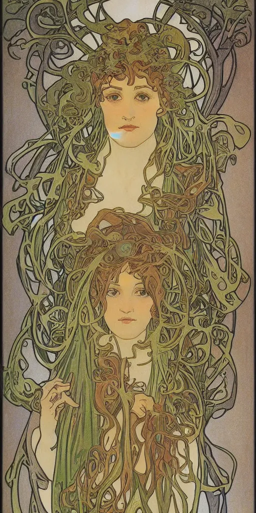 Prompt: alphonse mucha portrait of a forest elemental, art nouveau, nature tones, colored pencil drawing