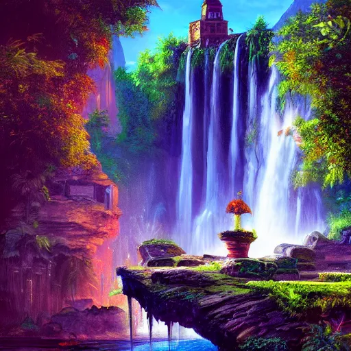 Image similar to a old chatedral and waterfalls, retrowave art, trending on art station