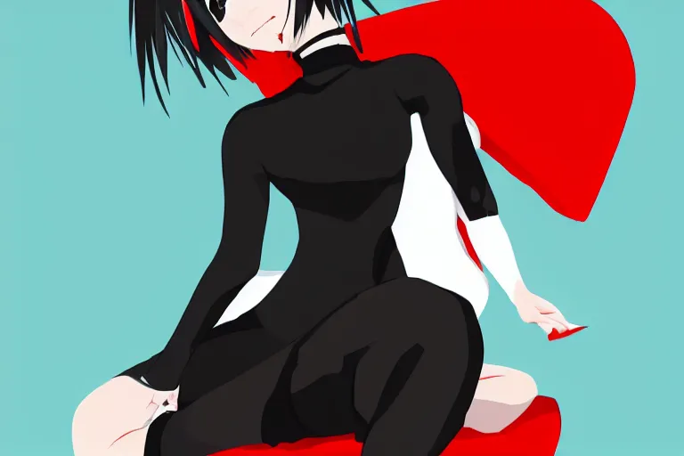 Prompt: a girl sitting vertically, wearing a black outfit with red trim, white background, soft shadow, vector shaded anime, very anime, detailed colors, digital art, 4 k