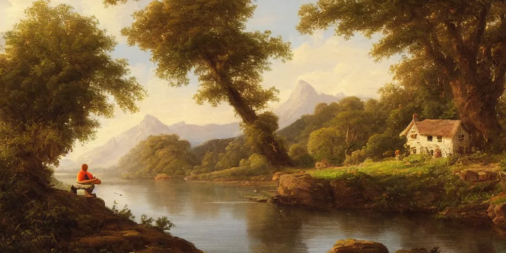 Image similar to a beautiful landscape painting of a cottage by a river in a valley, astronaut sitting by the river, by john glover, oil on canvas, highly detailed, hd, 4 k