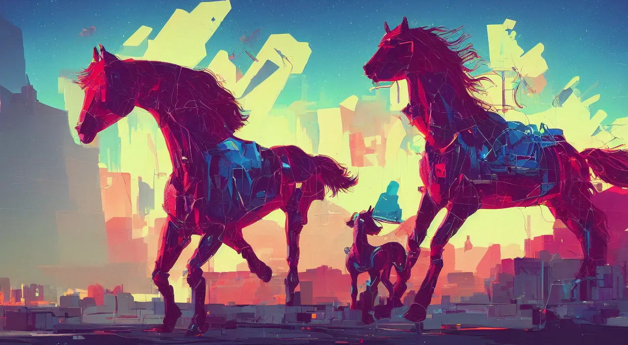 Image similar to a graph style gauche impasto, the horse is not mine, cyberpunk art by james gilleard, city depth of field, cgsociety, retrofuturism, synthwave, retrowave, outrun, realistic.