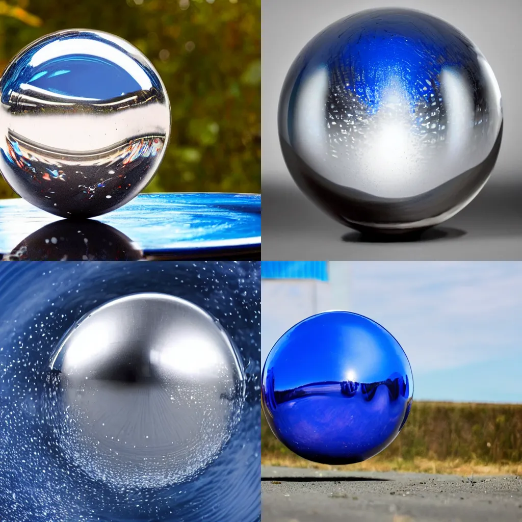 Prompt: a reflective steel sphere splashes into a can of blue paint, slow motion, fluid mechanics