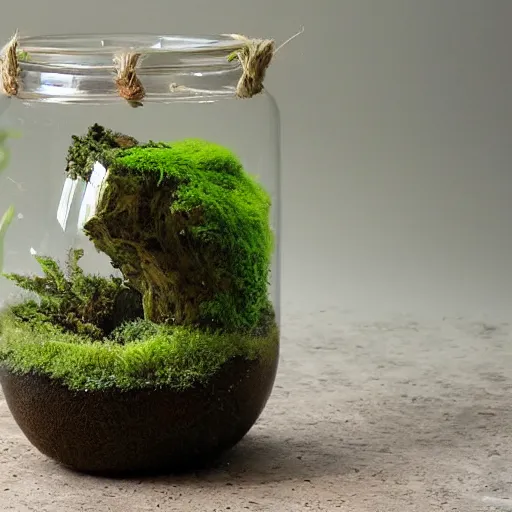 Prompt: a terrarium jar with moss and stone, tropical style