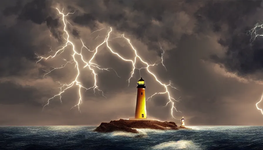 Image similar to a lighthouse being struck by lightning out at sea, digital art, highly detailed, realistic, bright colors, 8 k