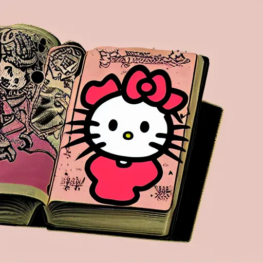 Prompt: a photo of the necronomicon with a ((hello kitty)) sticker on it