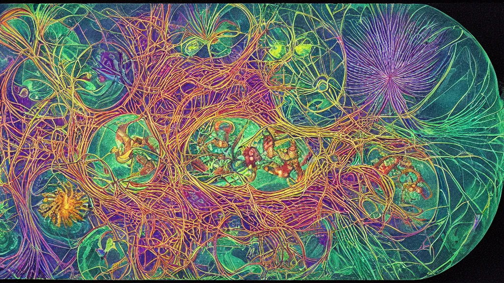 Image similar to quantum connections represented as symbiotic organisms like cells playing around with colorful lights by ernst haeckel, transparent