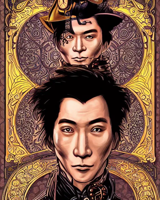 Image similar to a detailed portrait illustration of a steampunk noble - mage. handsome asian male face. art nouveau, pop art, comic book style. influenced by neil gaiman, h. p. lovecraft, dan mumford, eddie mendoza, vadim voitekhovitch, killian eng, ross tran.