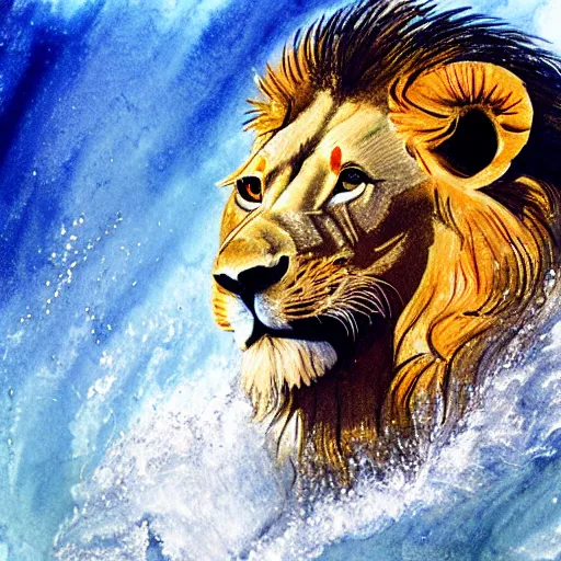 Image similar to a male lion's face breaching through a wall of water, water sprites, splashing, deep blue water color, highly detailed