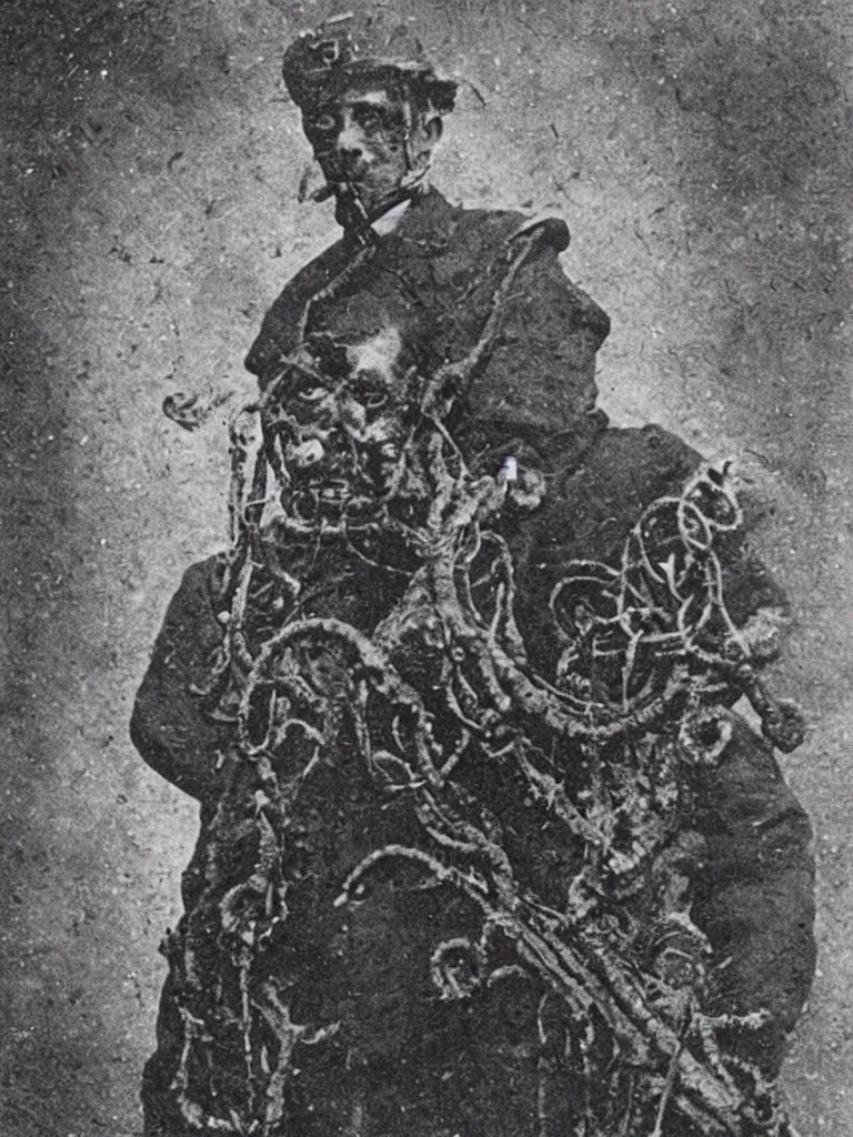 Image similar to 1900 photo of soldier infected with cosmic horror, Lovecraftian