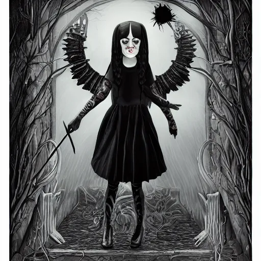 Image similar to Wednesday Addams casting dark magic, gothic art, subdued color, detailed, eerie, emotional, gothic, sad, agitated, highly detailed, incredibly sharp focus, Artstation, deviantart, artgem, insane detail, intense black line art, precision detail, golden ratio, in the style of Heavy Metal Comics