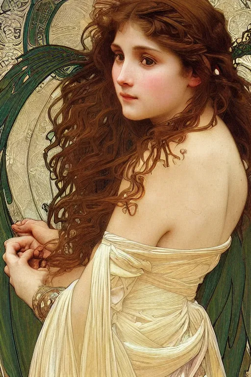 Image similar to portrait of a beautiful angel, intricate, elegant, highly detailed by alphonse mucha and william - adolphe bouguereau and john william waterhouse