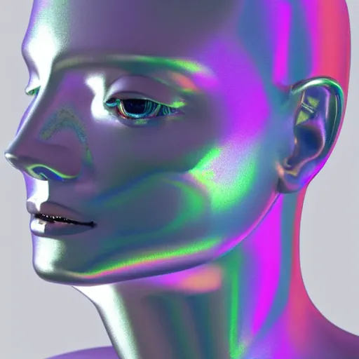 Image similar to 3d render of holographic human robotic head made of glossy iridescent, surrealistic 3d illustration of a human face non-binary, non binary model, 3d model human, cryengine, made of holographic texture, holographic material, holographic rainbow, concept of cyborg and artificial intelligence