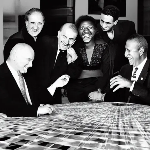 Image similar to black and white photo of world leaders around a table pointing and laughing at a holographic virus