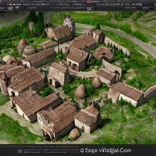 Image similar to small medieval village top view, photorealistic, trending on artstation