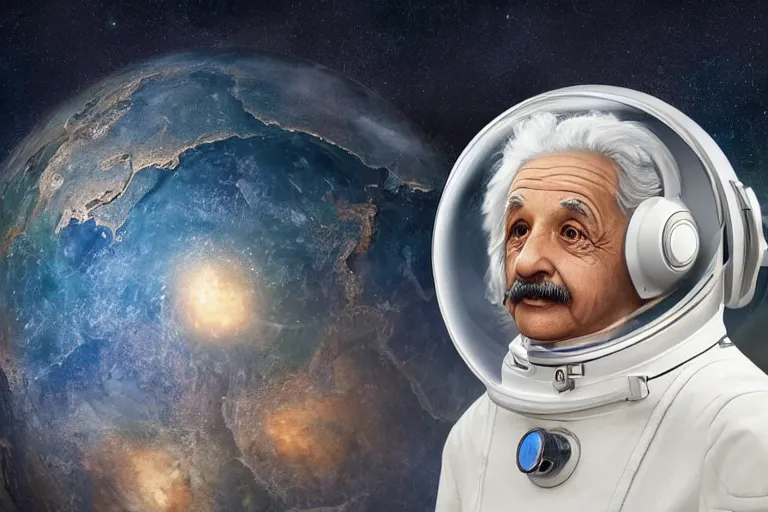 Image similar to still fullbody photo of sad albert einstein in spacesuit in space, flat earth on elephants and turtle at background, highly detailed, photorealistic shot, bright studio setting, studio lighting, crisp quality and light reflections, unreal engine 5 quality render