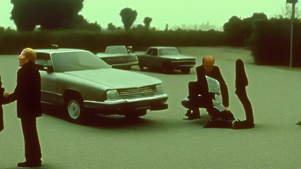 Image similar to the hip creature sells a used car, film still from the movie directed by denis villeneuve and david cronenberg with art direction by salvador dali and zdzisław beksinski, wide lens